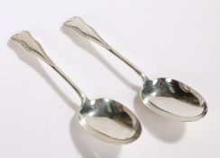 Pair of Victorian silver table spoons, Sheffield 1897, maker John Batt & Co Ltd. with scroll and