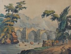 British School, early 19th Century, figures by a bridge, unsigned watercolour, 40cm x 29cm