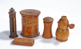 A collection of treen, to include a Cinnamon spice pot, a pepper, a grinder, a tower and a vesta, (