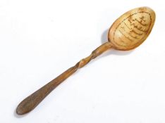 19th Century German horn marriage spoon, with bowl etched with text to the bowl and the rear of