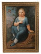 Early 19th Century portrait of a girl, the girl in a blue dress sitting by a tree with a bird flying