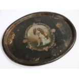 19th Century painted tray, centred by a spaniel with a red tassel bow, 61cm wide