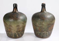 Pair of large polychrome decorated bottles, both painted with Dutch Naval scenes, the first with the