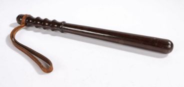 Turned police truncheon, with a leather strap to the handle, 40.5cm long