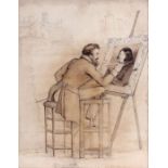 19th Century French school of an artist at work, dated 1850, pencil and watercolour, 26cm x 33cm