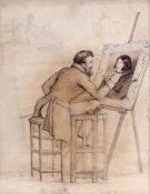 19th Century French school of an artist at work, dated 1850, pencil and watercolour, 26cm x 33cm
