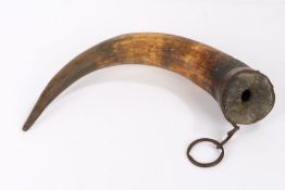 19th Century horn, with an iron hook and loop to the top of the horn, 40cm long