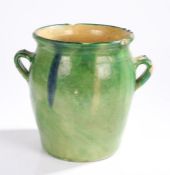 French Confit pot, in green exterior glaze and yellow interior glaze, twin handles to the side, 25.