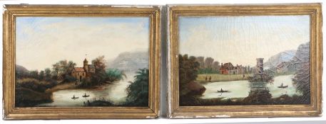Pair of 19th Century Folk Art oil paintings, French, both showing river scenes and buildings with