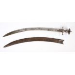 19th century Indian Tulwar, curved steel fullered blade, the last 30cm double edged, spine marked