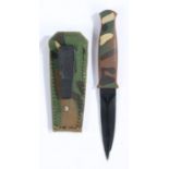 1990's Gerber Guardian B/U sheath knife, double edged blackened steel blade, maker mark to one