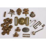 Collection of British army cap badges, shoulder titles and buttons to the Royal Fusiliers, Buffs,