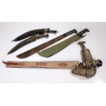 Ornamental Arab Janbiya with belt, together with two ornamental Kukris, and two machetes, (5)