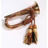 Copper and brass bugle, no mouthpiece, together with a selection of empty cardboard ammunition