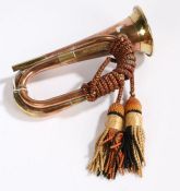 Copper and brass bugle, no mouthpiece, together with a selection of empty cardboard ammunition