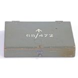 Second World War RAF Navigators pencil box, grey wooden box stencilled with broad arrow and RAF