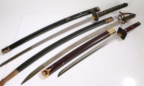 Reproduction Japanese Katana, together with a Chinese short sword and Indian sabre, (3)