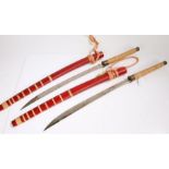 Pair of ornamental Burmese Dha, held in wooden scabbards with rope suspension straps, (2)