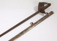 British 1897 Pattern officers sword, George V cypher to hilt, held in steel scabbard marked