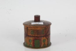 19th Century polychrome painted string box, modelled as a thatched country cottage, 9cm diameter,