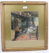 British School (19th/20th century) Cottage interior with seated old lady beside fireplace, unsigned,