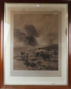 After Louis B Hurt, black and white engraving of highland cattle, housed in a mahogany glazed frame,