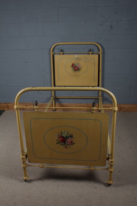 Victorian cast iron painted single bed frame, with floral painted headboard, 201cm long, 89cm wide