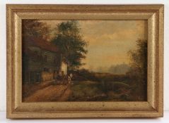 19th Century primitive school oil painting, a wagon and two figures by a building, unsigned oil on