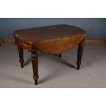 19th century mahogany drop leaf table, the circular top raised on four reeded legs, fitted single