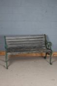 Garden bench, the scrolled ends with lion mask terminals, with slatted wooden seat, 128cm wide