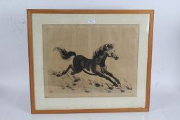 Chinese School, 20th century, study of a horse, painting on silk, housed in a wooden and glazed