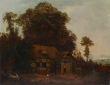 English School (early 19th century) Landscape with thatched farmstead, figures & sheep, oil on