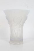 Lalique style glass vase, the flared opalescent glass body with raised iris decoration, 24cm high