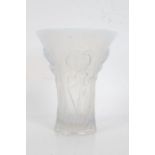 Lalique style glass vase, the flared opalescent glass body with raised iris decoration, 24cm high