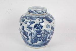 Chinese blue and white porcelain ginger jar and cover, the body decorated with a figure riding a