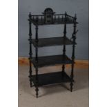 Victorian ebonised four tier whatnot, raised on tapering supports (some damage), 110cm tall, 54cm