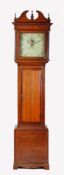 Victorian oak and mahogany crossbanded 30 hour longcase clock, the broken arch pediment with brass