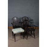 Pair of wheel and stick back chairs together with upholstered foot stool and a another chair (4)