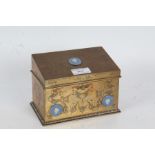 19th Century brass stationary box, mounted with five Wedgwood jasperware style roundels, the sloping
