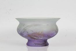 Frosted glass bowl, the purple base transitions into white with painted decoration to the sides,