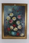 Fani C (20th Century) Large Oil on Canvas, still life depicting roses in a blue vase, housed