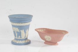 Wedgwood blue jasperware flower vase, the tapering body with foliate band above classical figural