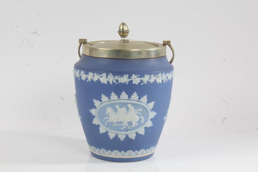 Wedgwood tricolour jasperware biscuit barrel, the silver plated swing handle and cover with acorn
