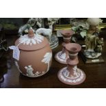 Wedgwood terracotta jasperware vase and cover, the cover with acorn form finial, oak leaf and