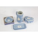 Wedgwood blue jasperware, to include two tone rectangular dish, jug, heart shaped pot and cover,