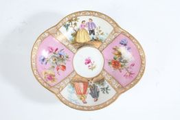 Dresden porcelain saucer dish, of quatrefoil form, the puce ground with foliate decoration and