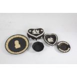 Five pieces of Wedgwood black basalt jasperware, to include heart shaped box and cover, heart shaped