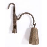 An unusual rushlight holder, circa 1800, one jaw with twisted scroll extension, wooden