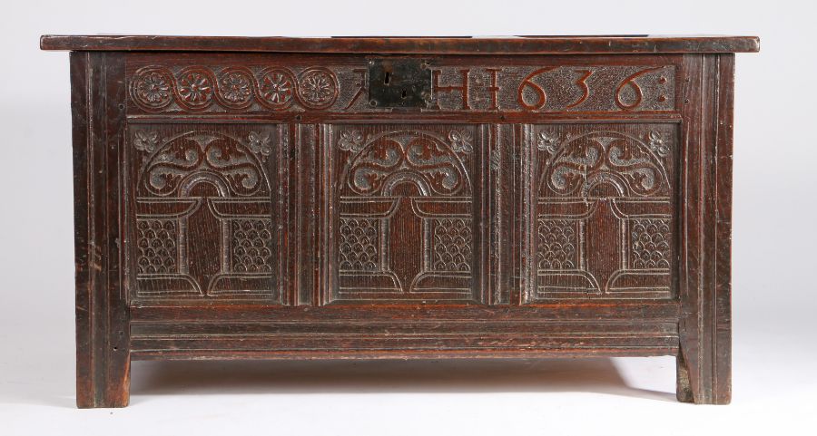 A Charles I oak coffer, dated 1636, with triple-panelled lid, the front of three panels, each - Image 2 of 3