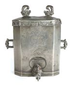 A mid-18th century pewter wall cistern, German Engraved with a marriage armorial and the date '